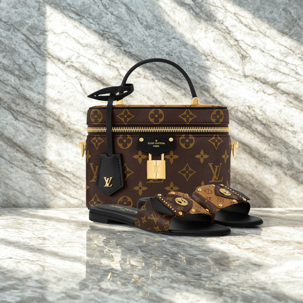 LOUIS VUITTON VANITY PM & FRAME SANDALS SET