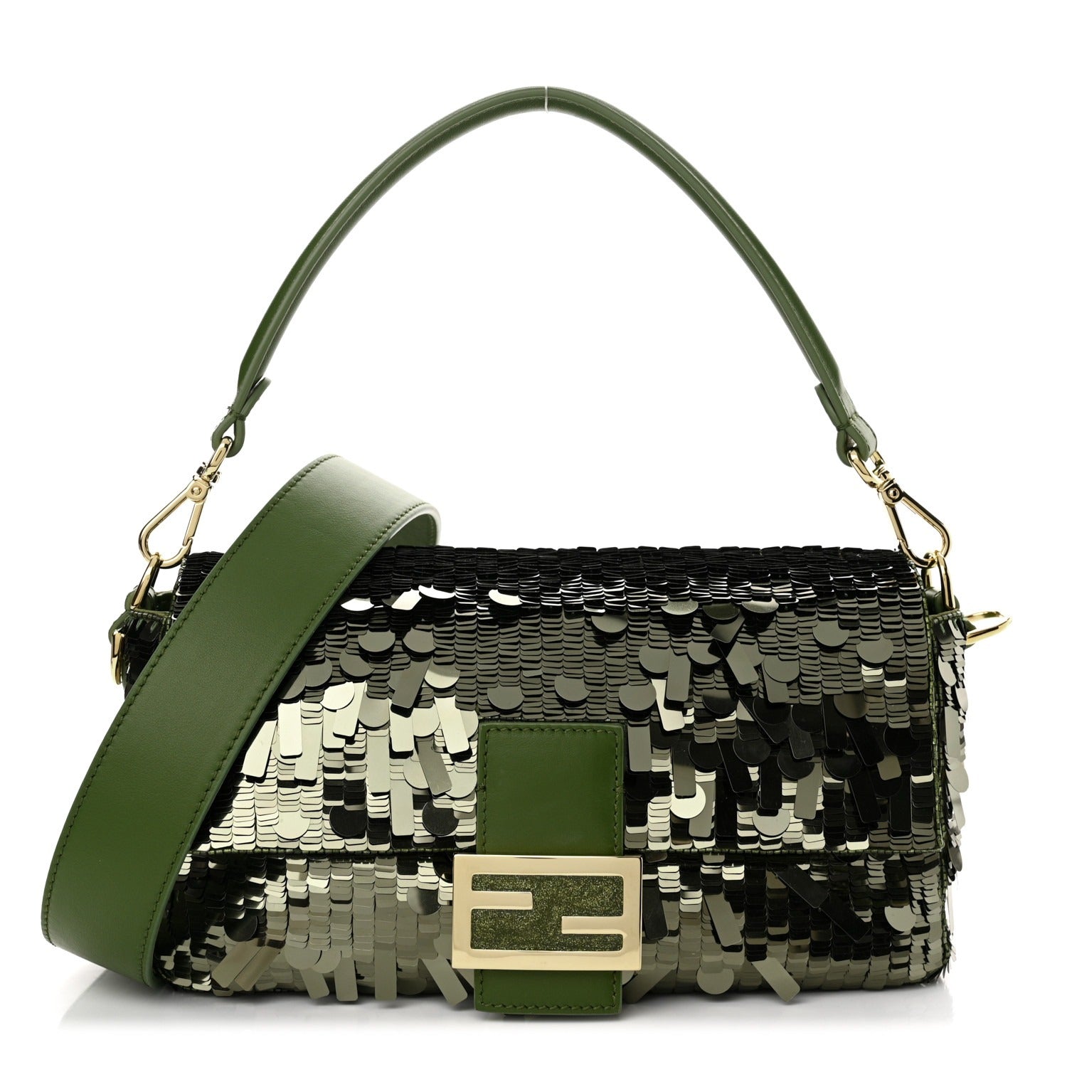 FENDI BAGUETTE BAG IN GREEN SEQUINS AND LEATHER